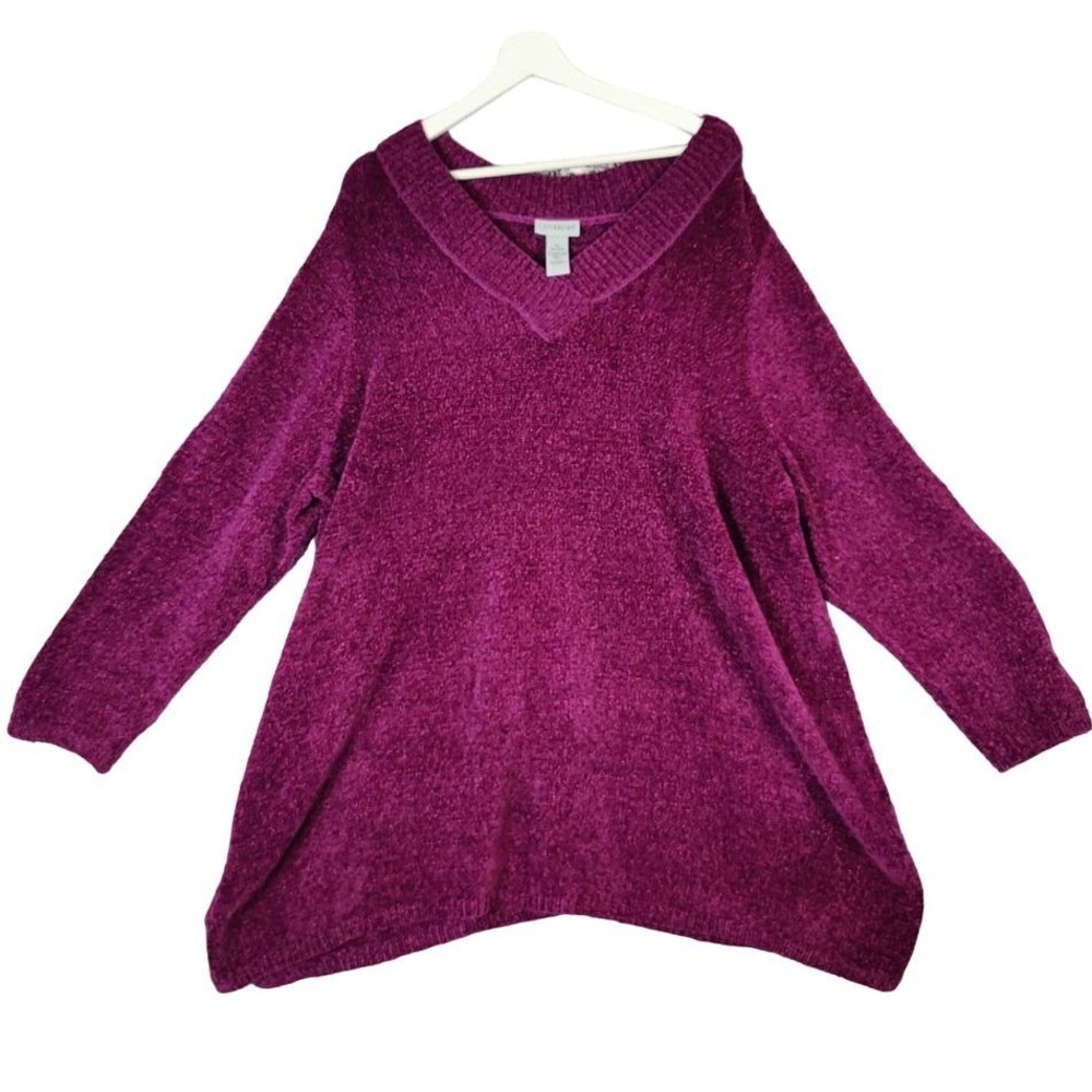 Catherines Womens Cozy Glam Chenille Sweater 3X Magenta Purple Shimmer Sharkbite